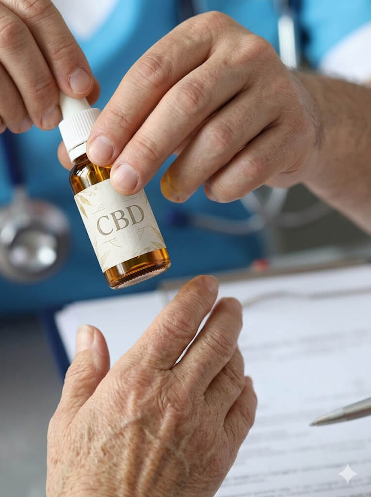 Médico apresentando frasco de CBD para paciente
